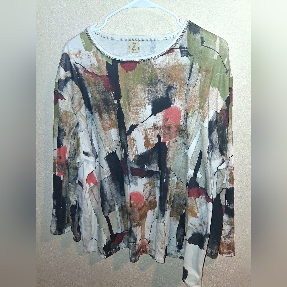 Jess & Jane Top Womens 3X Abstract 100% Cotton Artsy C 3/4 Sleeve USA